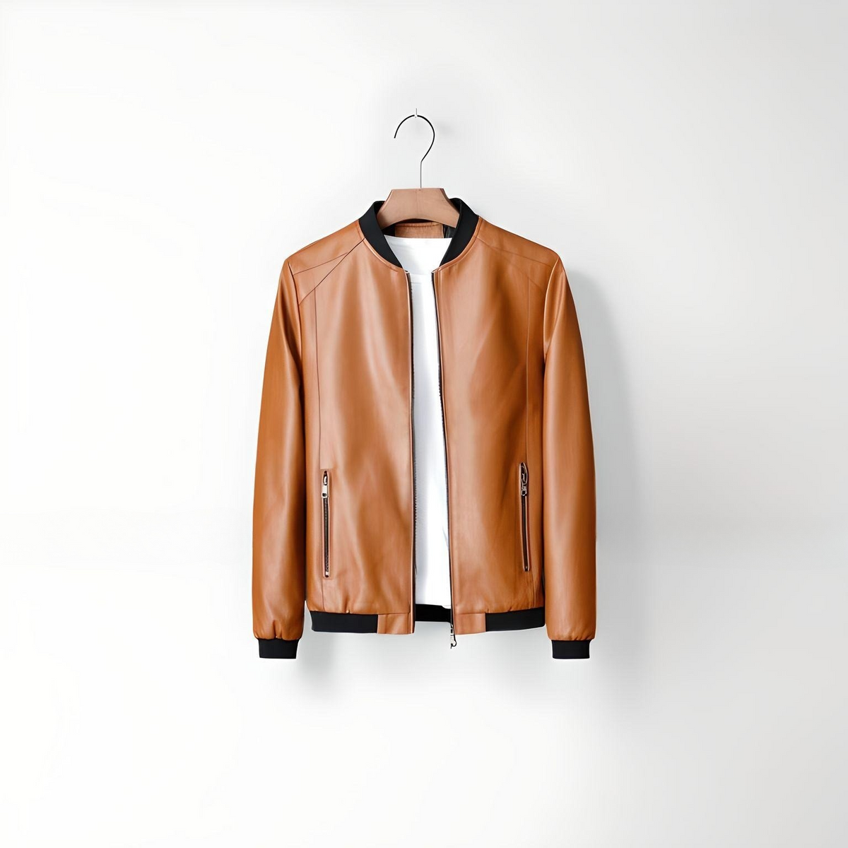 brown leather bomber jacket with zip up