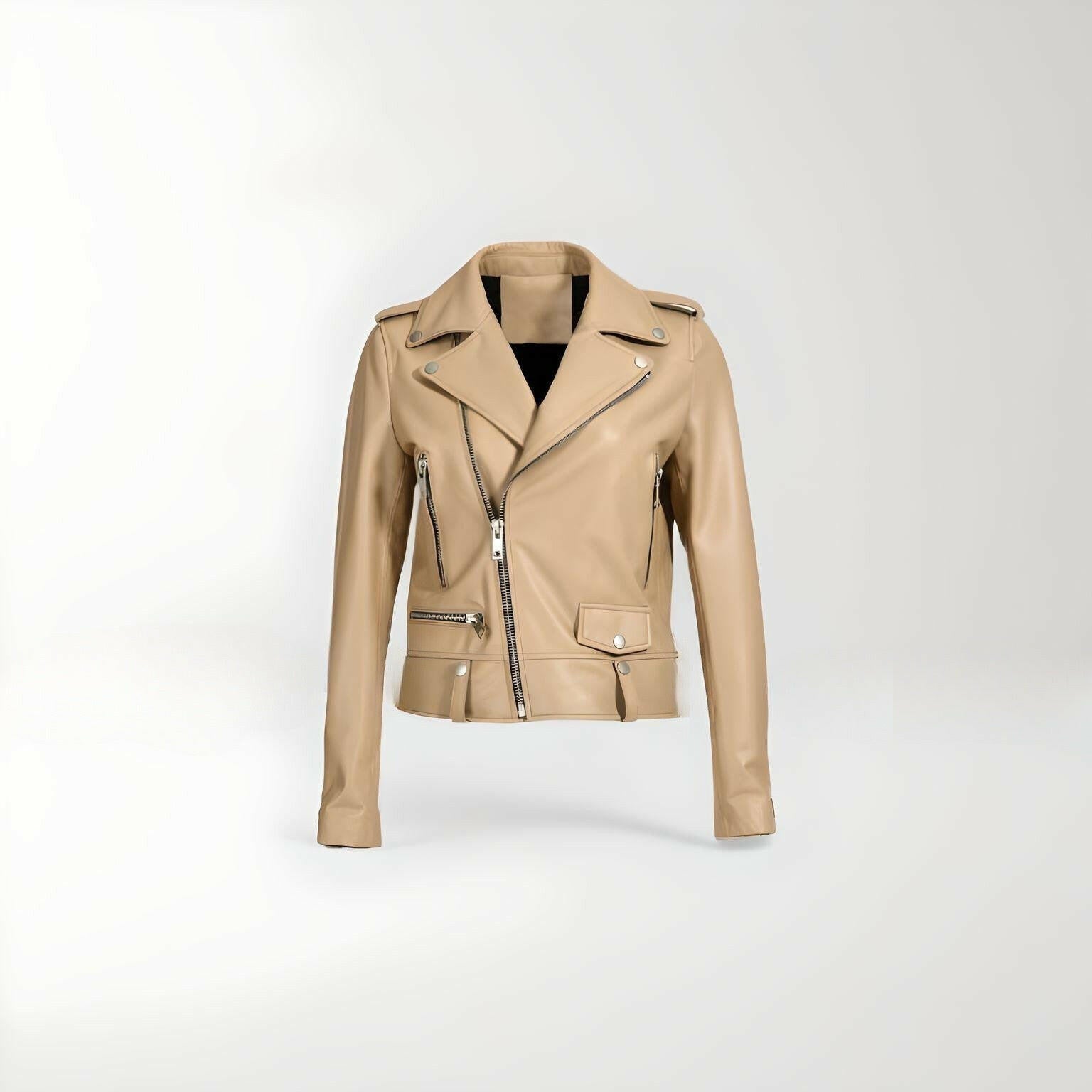 womens beige bikers jacket with zip and pocket