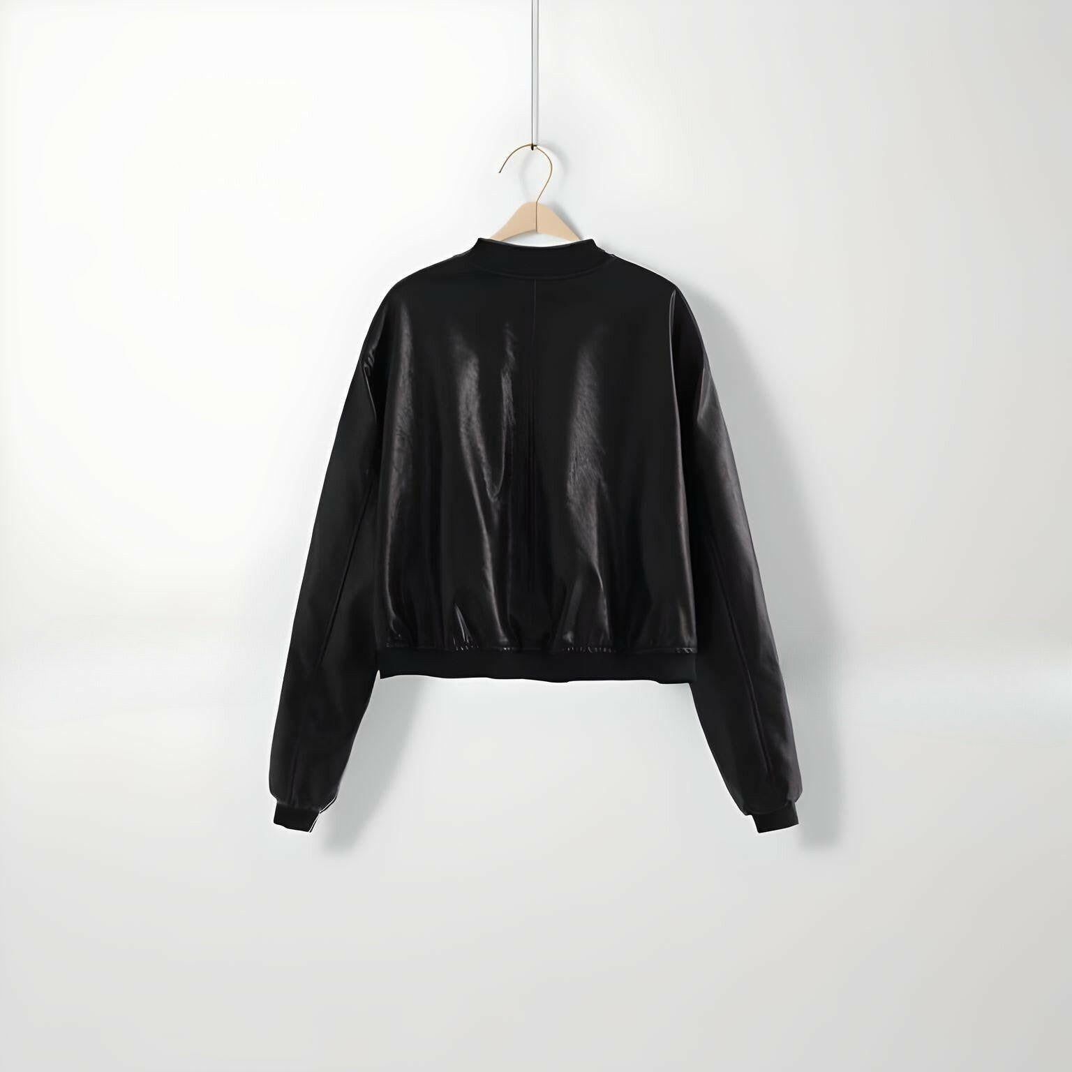 womens black leather bomber jacket with zip up