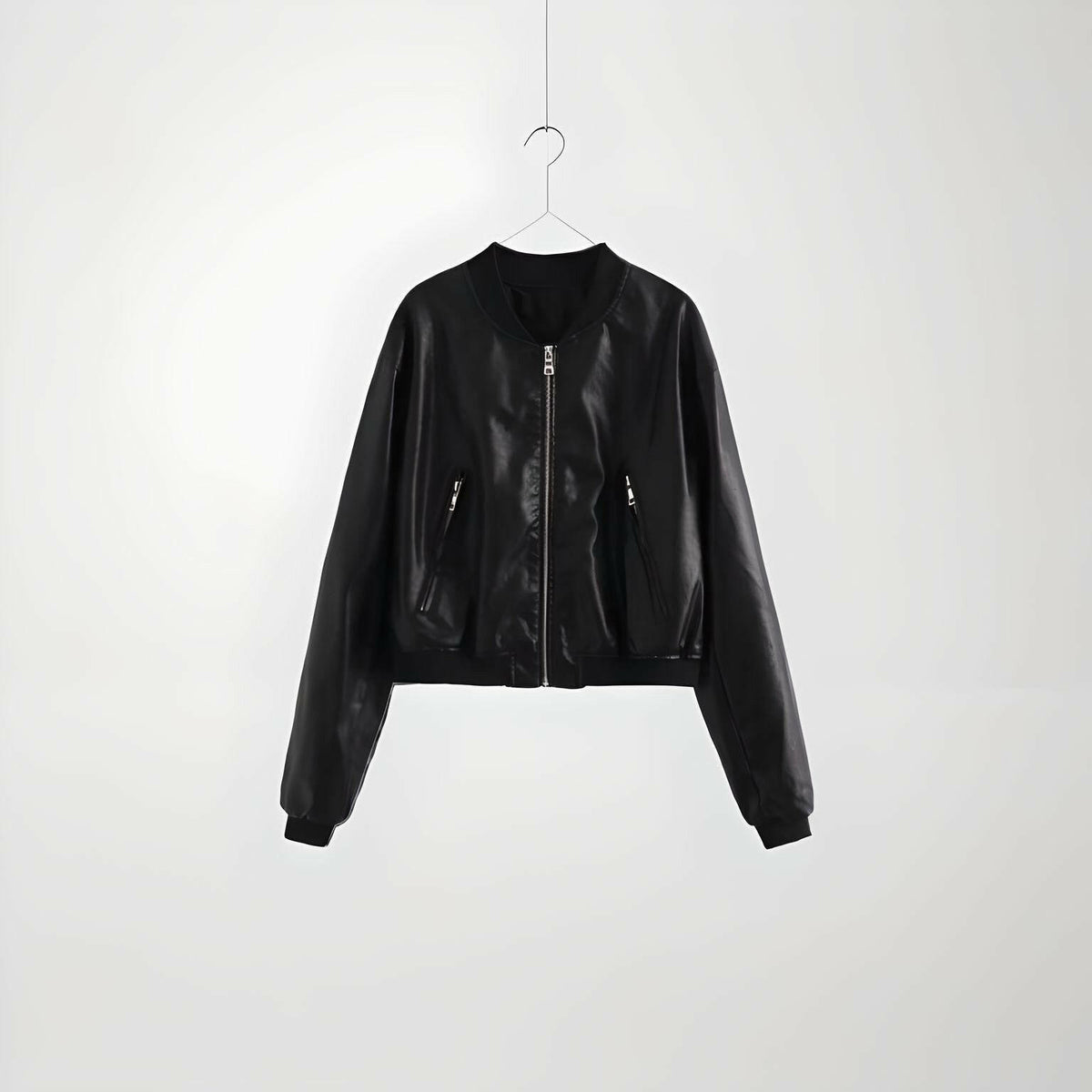 womens black leather bomber jacket with zip up