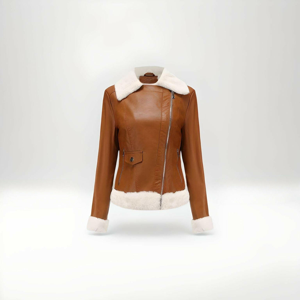 brown shearling leather jacket with fur for women