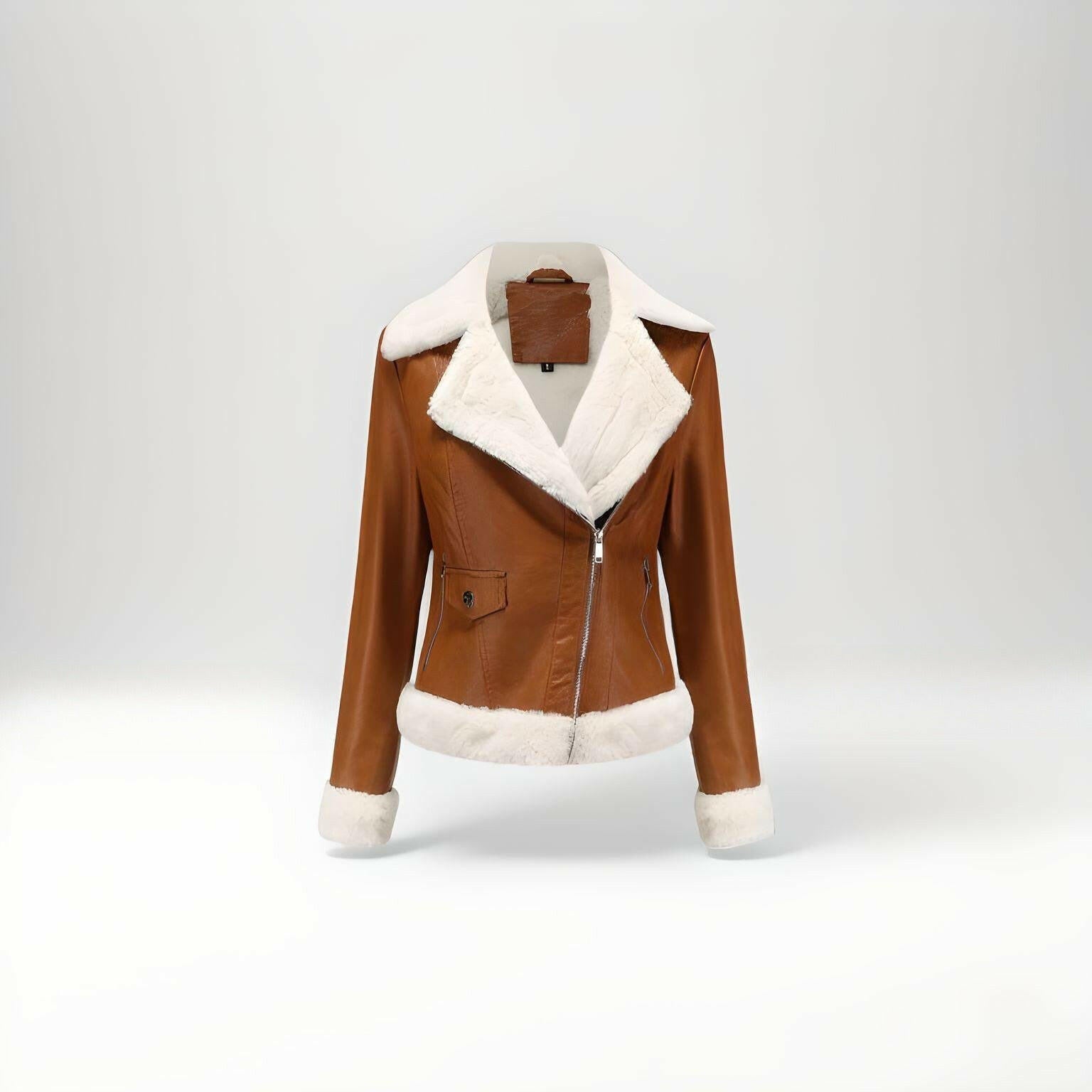 brown shearling leather jacket with fur for women