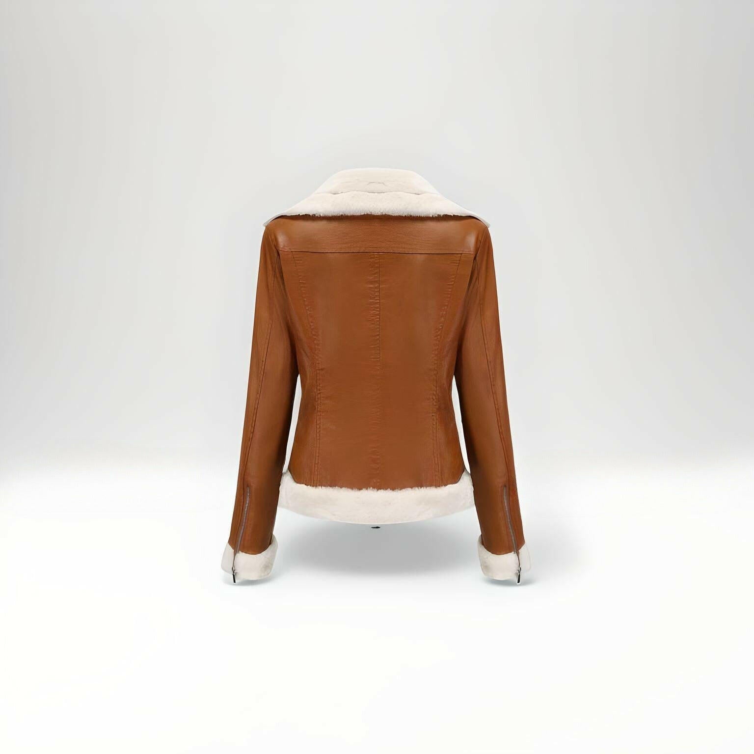 brown shearling leather jacket with fur for women