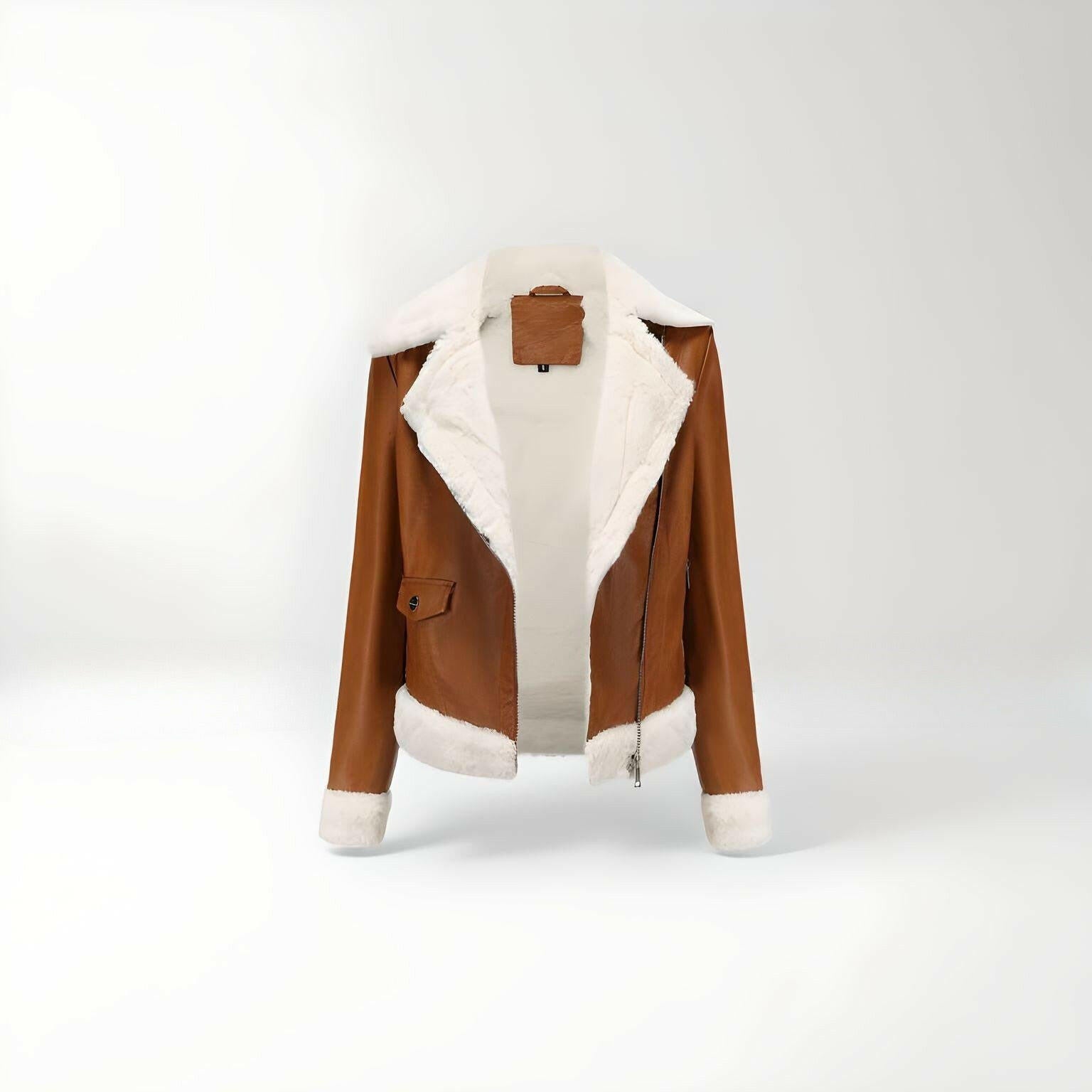 brown shearling leather jacket with fur for women